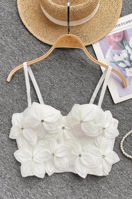 Womens White Floral Applique Crop Top With Pearls