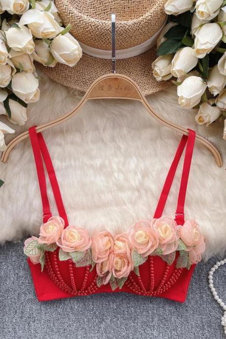 Floral Embellished Red Lingerie Bralette With Adjustable Straps