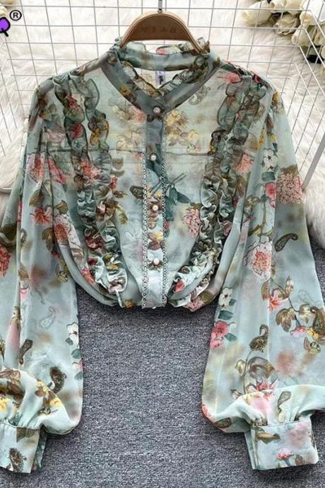 Womens Floral Print Chiffon Blouse With Ruffle Detail