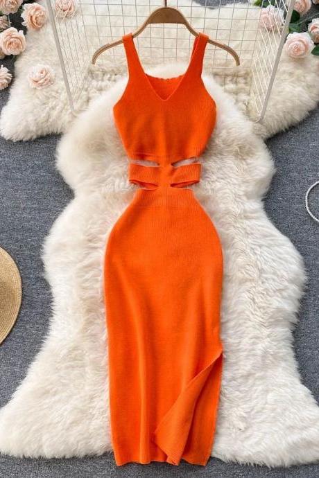 Elegant Orange Sleeveless Cut-out Midi Dress With Belt