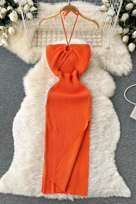 Womens Halter Neck Backless Ribbed Maxi Dress Orange