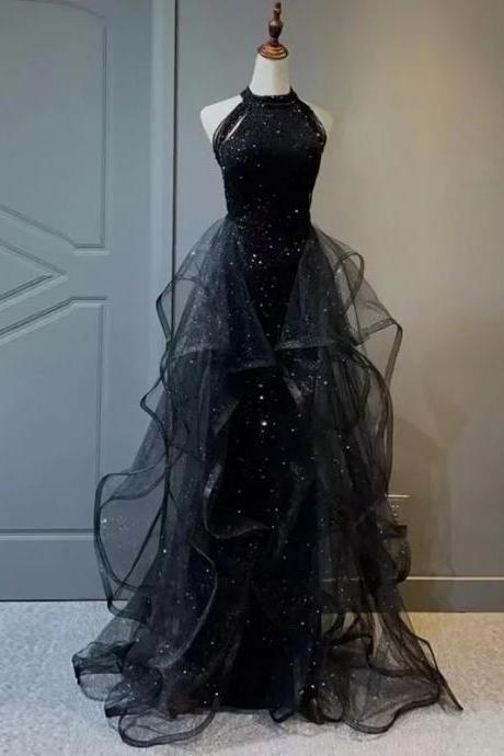 Elegant Black Sequin Halter Neck Tulle Evening Gown