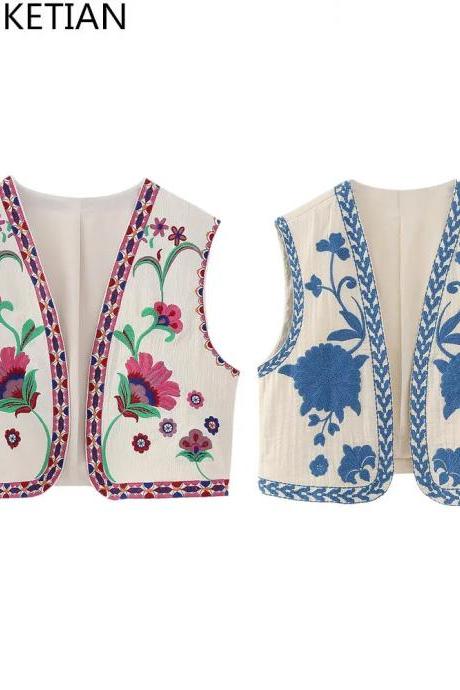 Womens Embroidered Floral Sleeveless Cotton Linen Vest