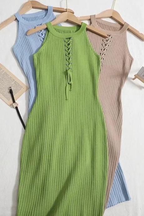Sleeveless Ribbed Knit Lace-up Midi Dress Assortment