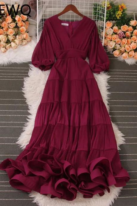 Elegant Burgundy V-neck Tiered Ruffle Maxi Dress Women