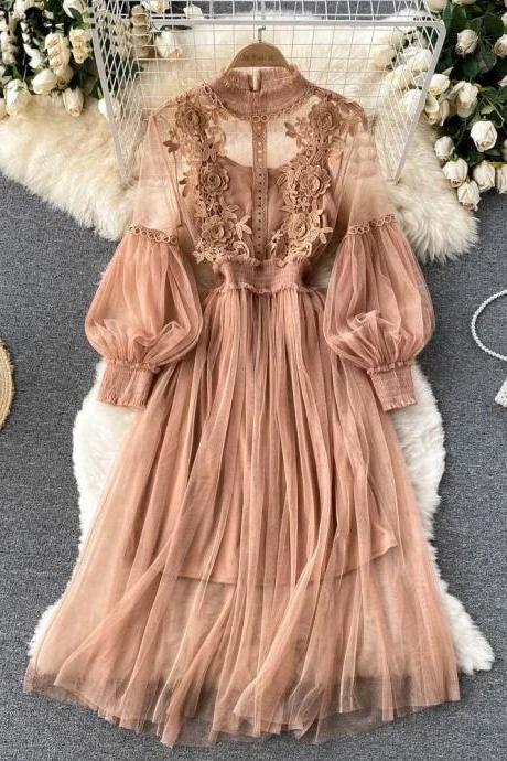 Elegant Tulle Long Sleeve Embroidered Maxi Dress