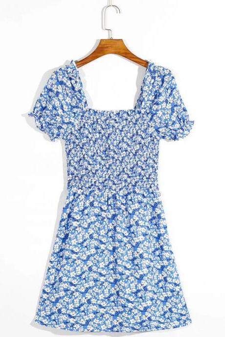 Womens Floral Print Puff Sleeve Square Neck Dress