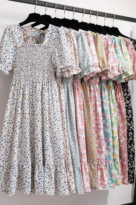 Floral Print Summer Midi Dress With Short Sleeves