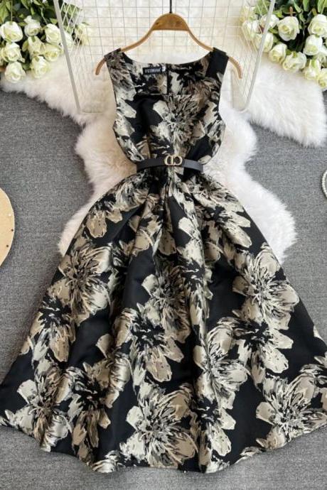 Elegant Sleeveless Floral Print Midi Dress With Belt