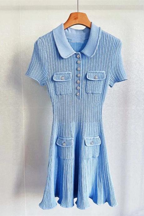 Vintage-inspired Blue Ribbed Knit Dress With Pockets