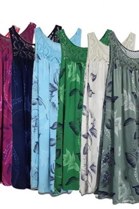 Womens Sleeveless Lace Trim Butterfly Print Summer Dress