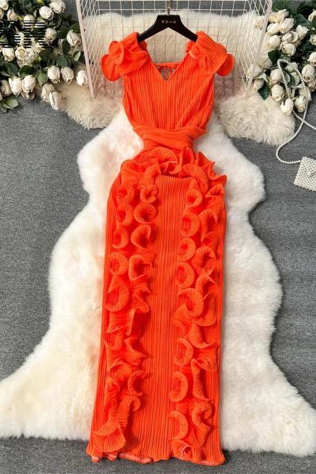 Elegant Orange Pleated Maxi Dress With Ruffle Accents