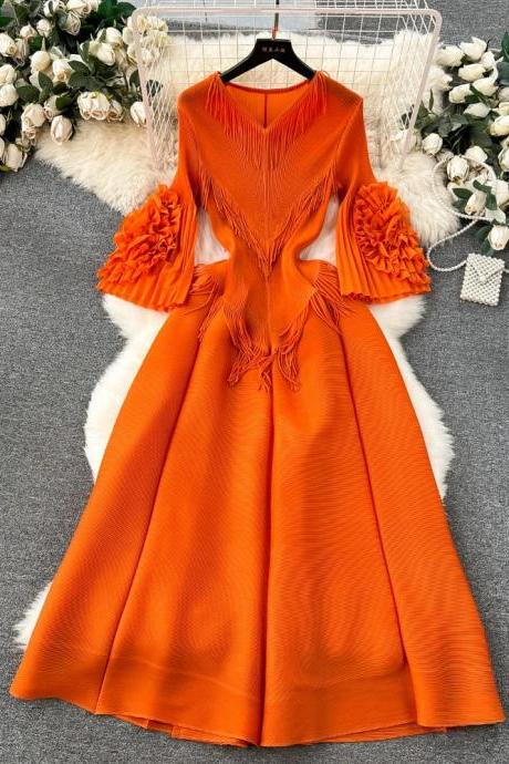 Elegant Orange Pleated Midi Dress With Ruffle Sleeves