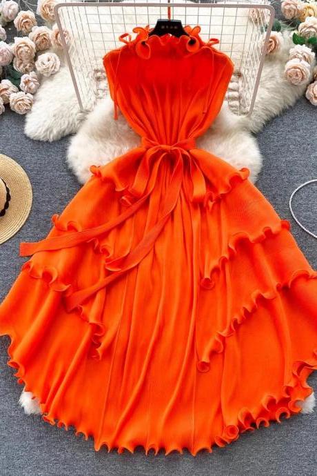 Elegant Orange Ruffle Sleeveless Summer Cocktail Dress