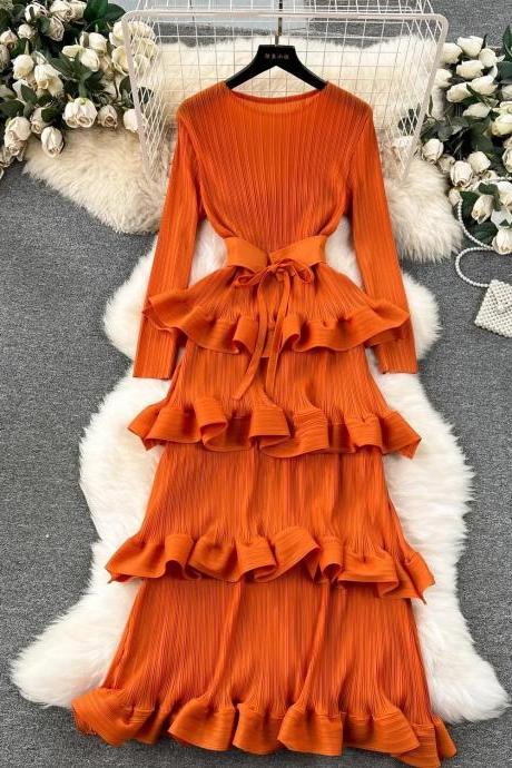Elegant Tiered Ruffle Long-sleeve Maxi Dress In Orange