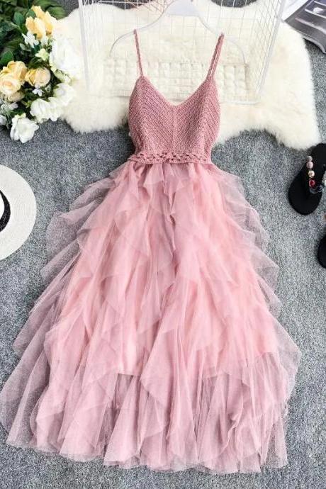 Elegant Pink Tulle Midi Dress With Lace Bodice