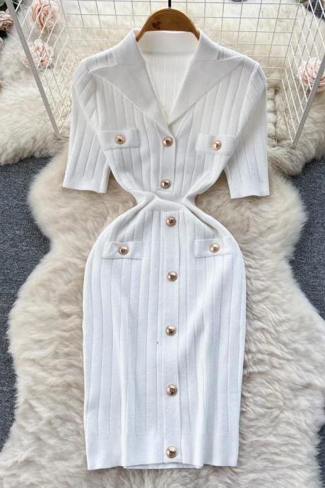 Elegant White Pinstripe V-neck Midi Dress With Belt
