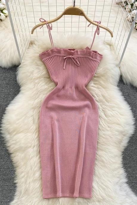 Elegant Pink Ribbed Sleeveless Knit Midi Dress With Bow