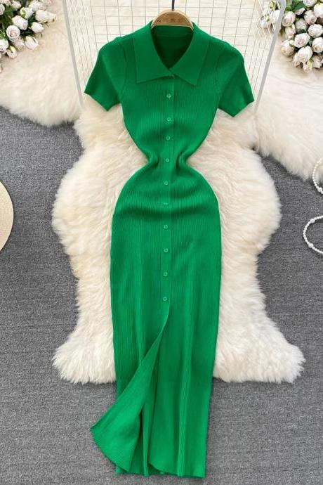 Elegant Green Midi Shirt Dress With Front Slit