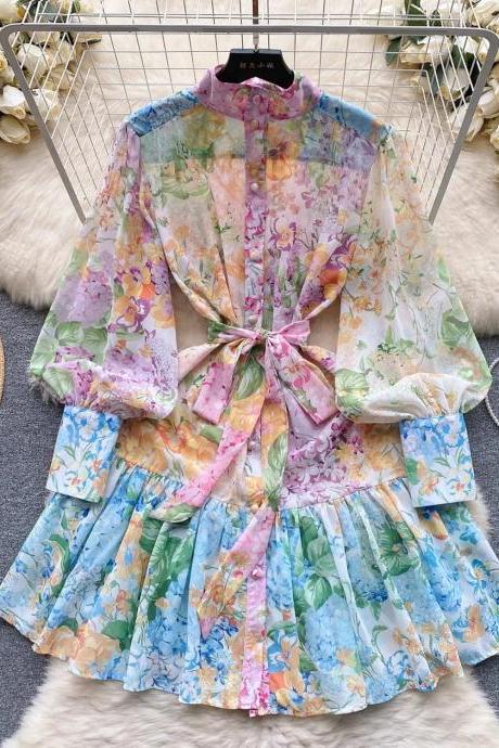 Floral Print Tie-waist Chiffon Mini Dress For Women