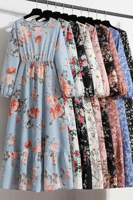 Elegant Floral Print Long Sleeve Midi Dress Assortment