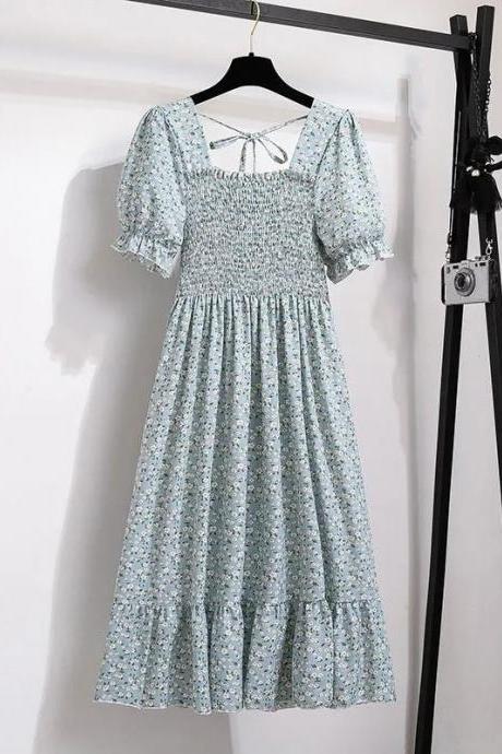 Vintage Floral Print Midi Dress With Puff Sleeves