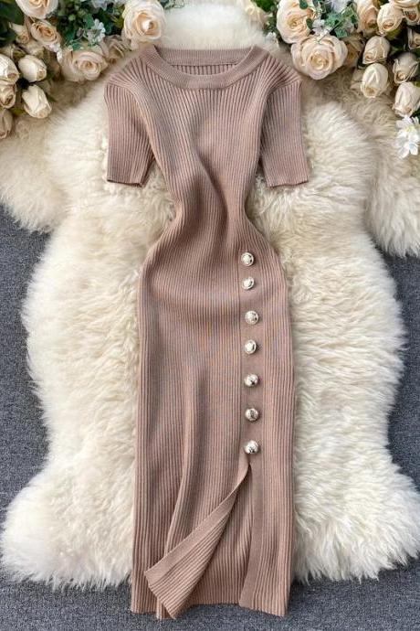 Elegant Ribbed Midi Dress With Side Button Detail