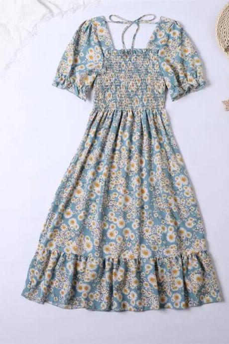 Bohemian Floral Print Summer Midi Dress With Sleeves