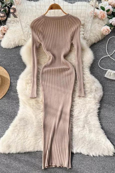 Elegant Ribbed Long-sleeve Maxi Dress In Taupe