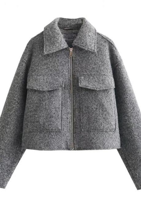 Unizera2023 Autumn And Winter Women's Polo Collar Long Sleeve Patch Pocket Decoration Short Zipper Jacket Woolen Coat
