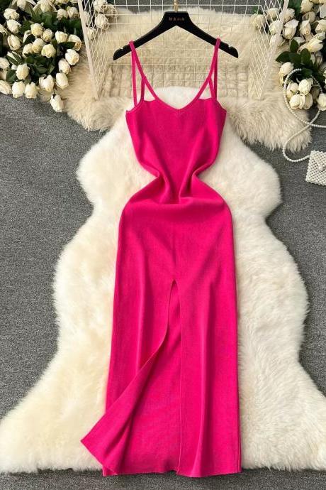 Elegant Fuchsia Sleeveless Maxi Dress With Slit