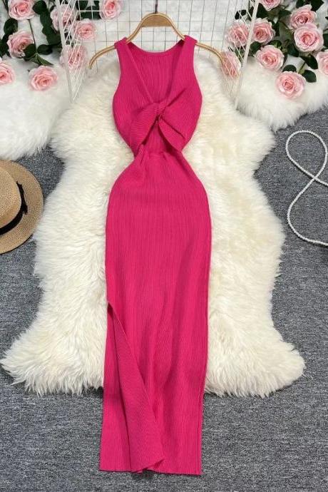 Elegant Pink Sleeveless Twisted Halter Maxi Dress
