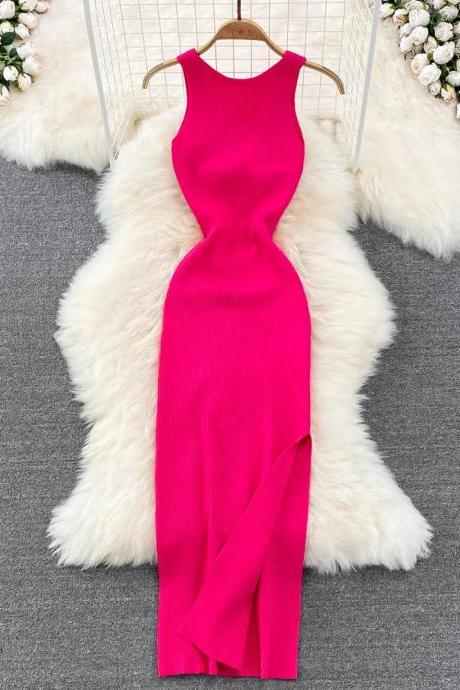 Elegant Fuchsia Sleeveless Bodycon Midi Dress With Slit