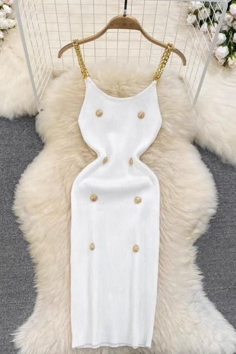 Elegant White Ribbed Dress With Gold Chain Straps