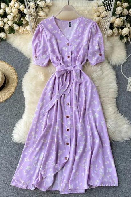 Womens V-neck Purple Floral Midi Wrap Dress