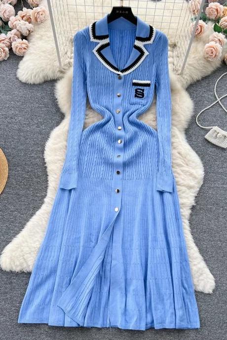 Womens Vintage-inspired Blue Pleated Midi Dress With Collar
