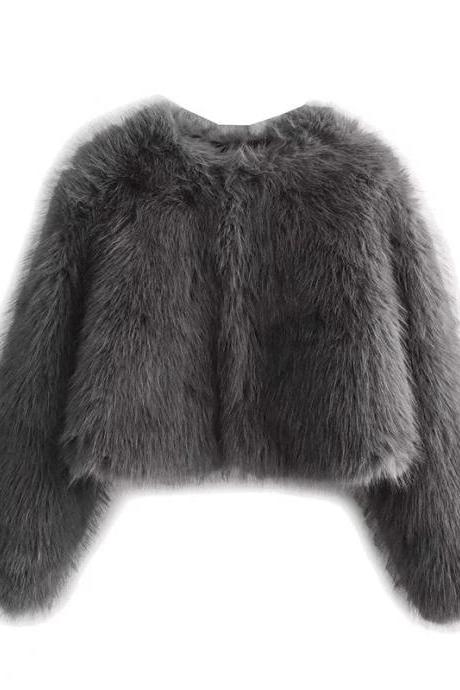 Luxurious Grey Faux Fur Womens Cropped Jacket