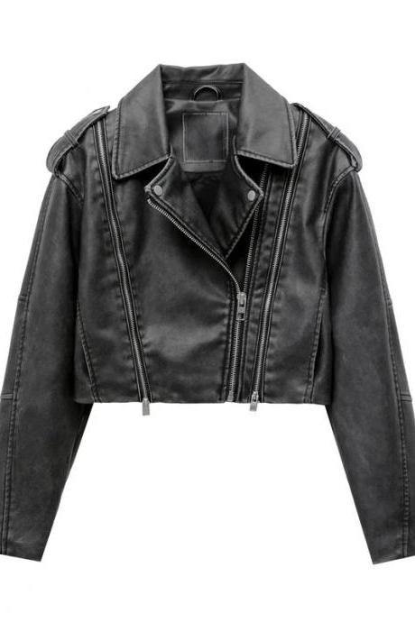 Womens Classic Black Leather Motorcycle Jacket Zippered