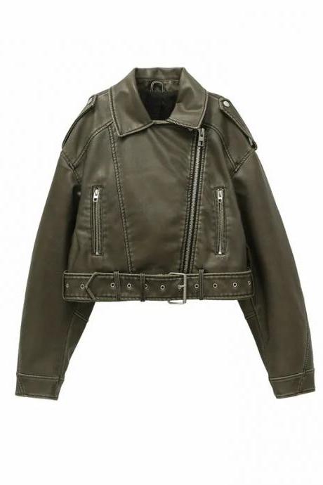 Womens Faux Leather Zippered Moto Jacket In Olive