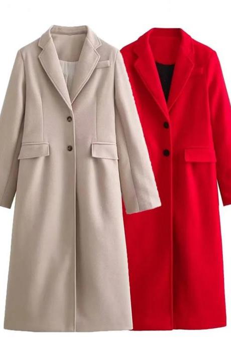 Elegant Long-sleeve Wool Blend Coat In Red And Beige
