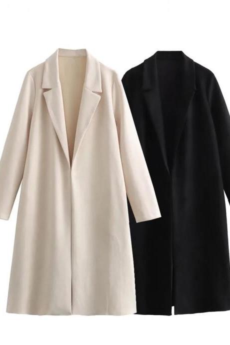 Elegant Long Sleeve Open Front Wool Blend Coat