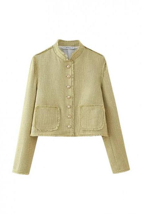 Womens Textured Button-up Cropped Jacket With Pockets
