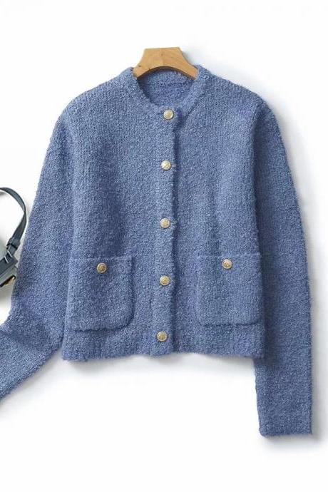 Womens Casual Blue Button-up Wool Cardigan Sweater