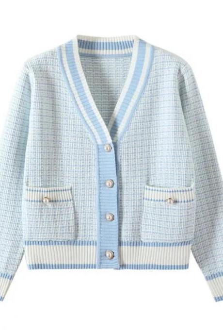 Womens Casual Striped Knit Cardigan With Pockets