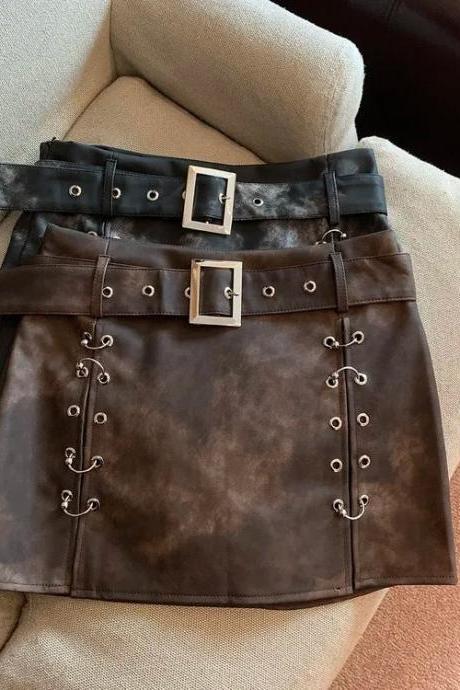Vintage Leather Lace-up Kilt With Twin Buckles