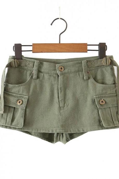 Womens Casual Olive Green Buttoned Pocket Shorts