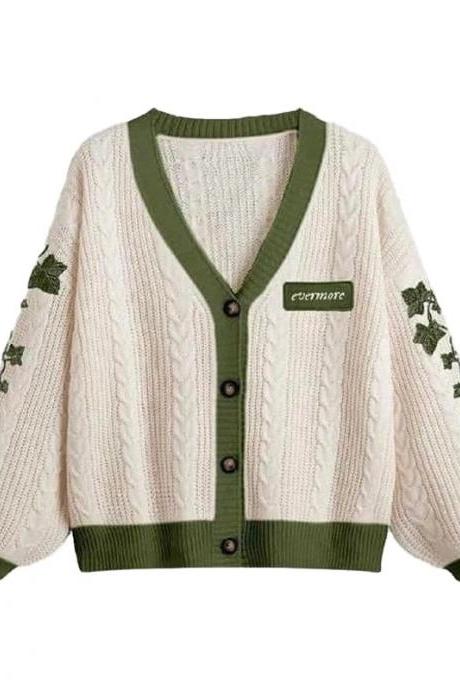 Womens Casual Knit Cardigan With Contrast Trim Embroidered