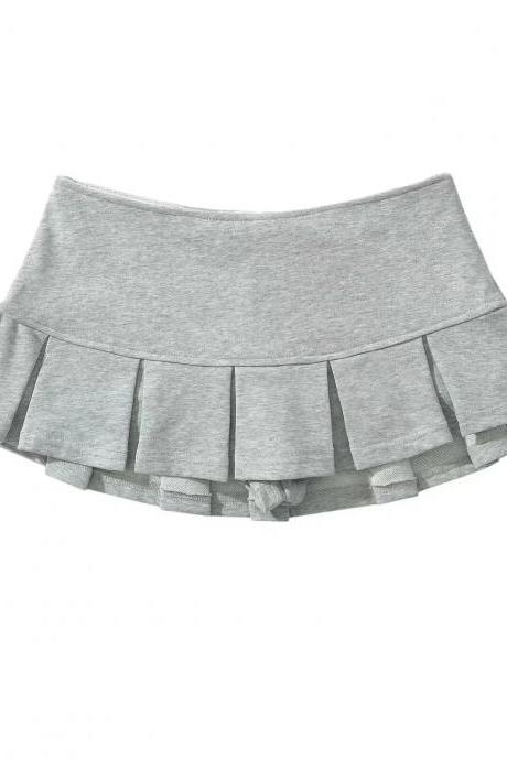 Girls Grey Cotton Pleated Skirt With Elastic Waistband