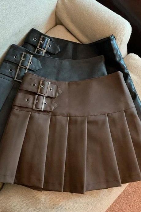 Womens High-waist Pleated Faux Leather Skirt With Buckles