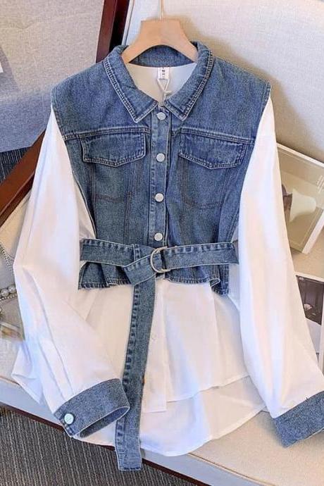Womens Belted Denim Jacket And White Blouse Combo